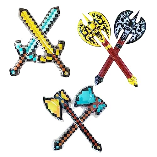 LLMSIX 6 armas insufláveis, espadas de machado de pixeis insufláveis, espadas insufláveis, espadas longas insufláveis, machados para Halloween, acessórios de disfarces, suprimentos de festa de cosplay