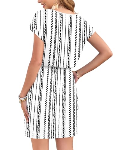 Image of AUSELILY Womens Summer Mini Dress, Short Sleeve V Neck Drawstring Casual | Soft smooth drape with an adjustable drawstring waist for beach, casual outings and daily wear