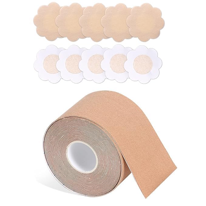 Boob Tape and 10 Pcs Backless Nipple Cover Set, Breathable Breast Lift Tape Athletic Tape with Reusable Nipplecover Adhesive Bra Multicolour-image-19