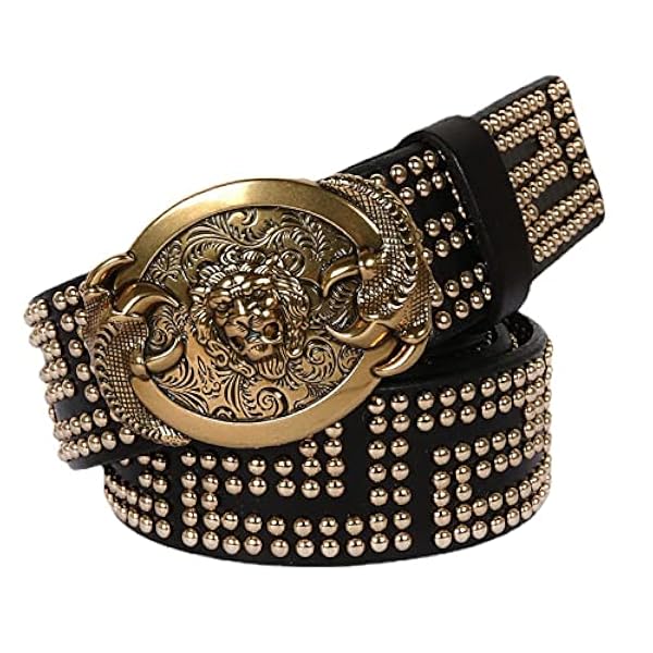 Punk Rock Bälte Med Häftstift Med Guldnit I Cirkulära Pärlor Arrangemang Läderrem Med Graverat Lejonhuvud Och Tassar Spänne(125cm/waist:43", Black)
