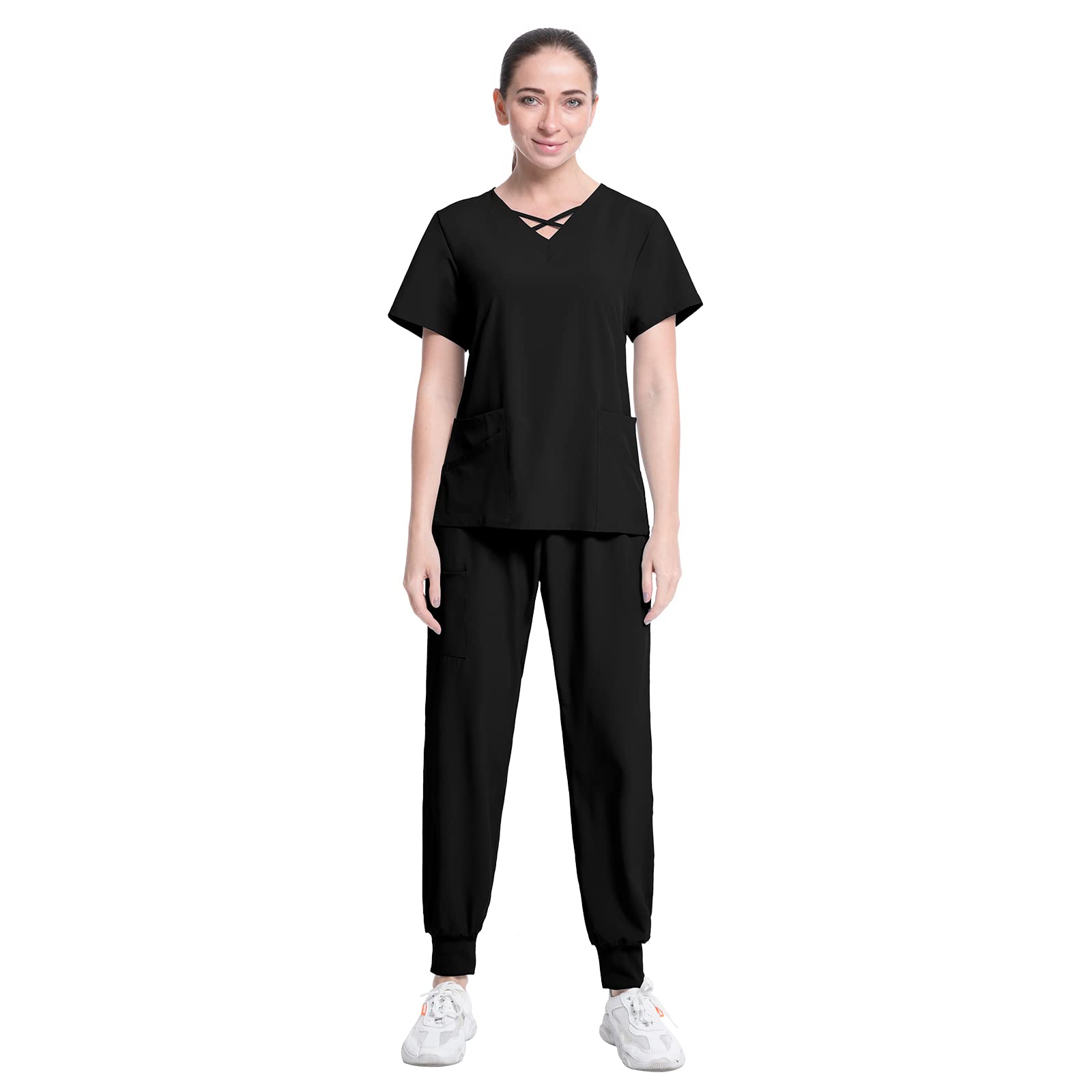 niaahinn Scrub Suit for Women Uniforms Nursing Hospital Clinic Veterinary Pet Nurse Scrub Set Joggers Top & Pant Work Clothes (Black,XL,X-Large)