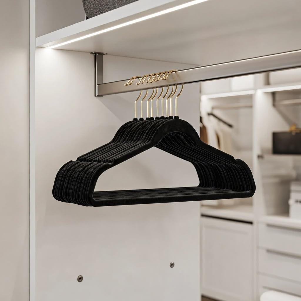 100 Stück hochwertige Samt Kleiderbügel in der Farbe Schwarz mit Gold Look Haken/Anti-Rutsch/von StickandShine