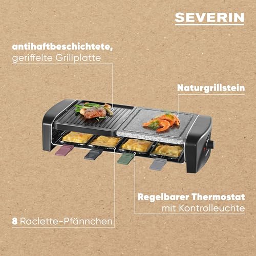 SEVERIN Raclette-Grill mit Naturgrillstein und Grillplatte, Raclette mit antihaftbeschichteter Grillplatte, Tischgrill für 8 Personen, max. 1.400 W, Edelstahl / schwarz, RG 9645 – Bild 2