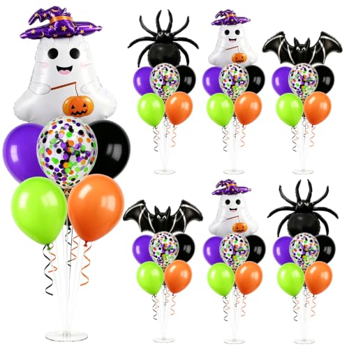 Image of 6 Sets Halloween Ghost Spider Bat Foil Balloon Stand Kits for Table Decor | Halloween Orange Black Green Purple Confetti Balloon for Haunted House Spooky Trick or Treat Party Table Centerpiece Supplies