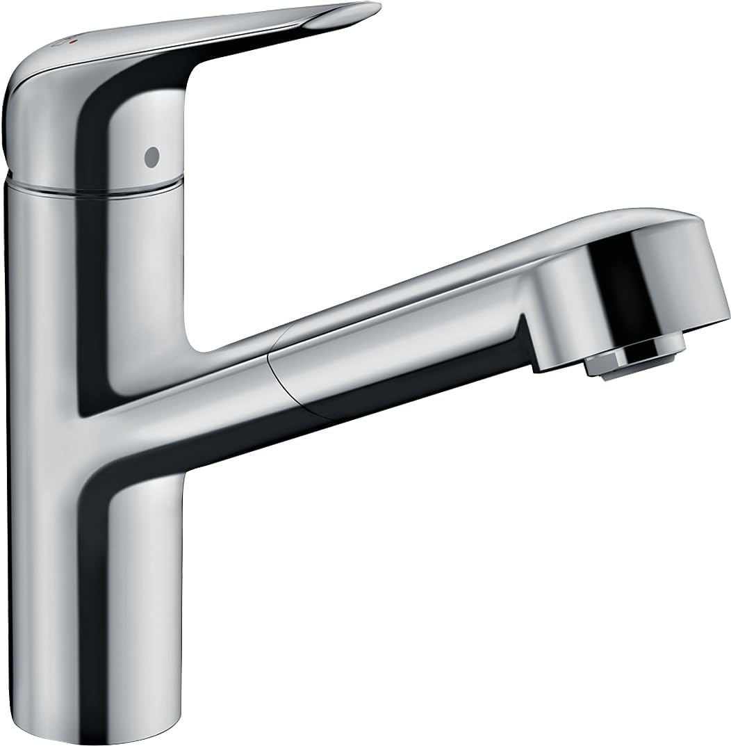 hansgrohe 71829000 M4214-H150 Kitchen Tap, Hose Box, 120° Swivel Range, Pull-Out Spray, Chrome, Spout height 15 cm