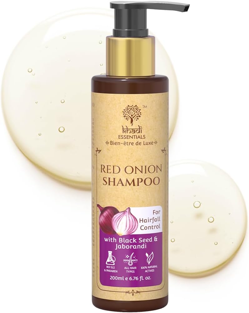 Khadi Essentials Red Onion Shampoo With Blackseed & Jaborandi | Controls Hair Fall, Boosts Growth & Reduces Frizz | Improves Hair Texture | For Thin, Frizzy & Hair Fall-Prone Hair | 200ml