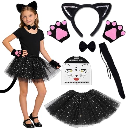 Yhjxly Katzenkostüm Mädchen Tutu Tüllrock mit Ohren-Stirnband & Schwanz Faschingskostüm für Karneval Cosplay & Motto-Party