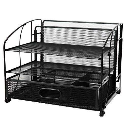 Exerz Mesh Desk Organizer Office Supplies 3 Trays/Desktop File Holder with Sliding Drawer and Hanging File Holder/Vertical Upright Section for Office Home Multifuntional - Black