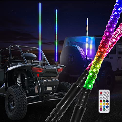 2FT LED Whip Light Chasing Color for UTV ATV Four Wheeler Powersports Accessories, RF Wireless Remote, Weatherproof LED Lighted Whip Antenna with USA Flag for RZR Can-Am Polaris Accessories, 2pcs