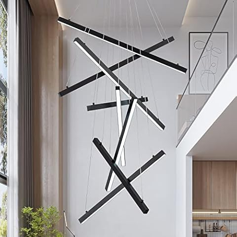 SUNMOO Modern Led Chandelier, High Ceiling Chandelier, Linear Chandelier 8 Lights Black Dimmable Large Pendant Light 98.4" for Living Room Staircase Entry Foyer Lobby Office Duplex 6000K Cool White Cover