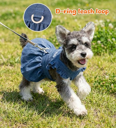 Denim Cat Dog Dress Clothes for Small Dogs with Leash Ring Summer Girl Small Dog Clothes Outfit Belly Velcro Fastening Cat Outfits&Apparel for Girl - Image 4