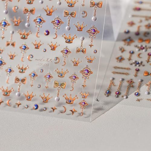 Image of Crown Nail Art Stickers Gold Nail Sticker for Nails Art Bow Nails Decals with Shiny Design 5D Self-Adhesive Nail Stickers Luxury Decals for Women Girls Kid Manicure Decoration