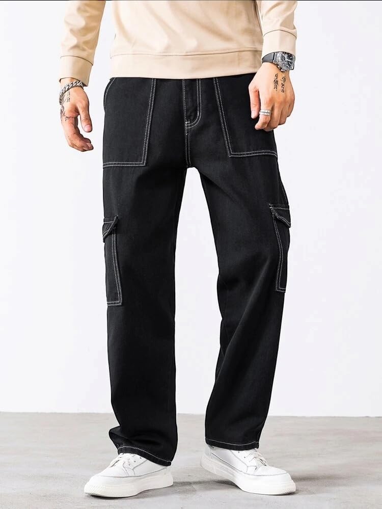 Mens Cargo Pants Casual Joggers Athletic Pants Cotton Loose Straight Sweatpants - Black3