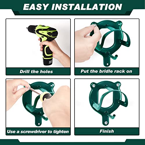 Image of Dunzy 6 Pcs 3 Pcs Bridle Hooks Horse Bridle Rack, Dark Green | Metal Horse Bridle Rack for Barn Storage, Includes Mounting Hardware and Anchors, Space Saving Hooks for Halters and Reins