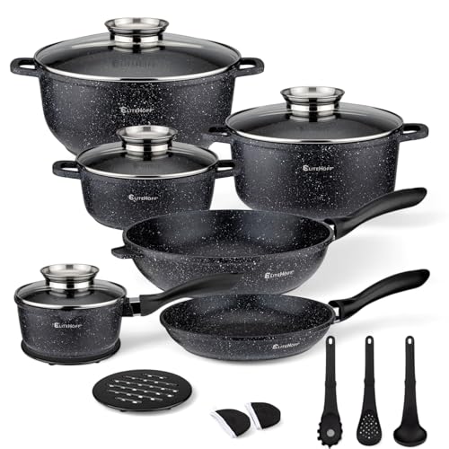 EliteHoff Juego de ollas de inducción, 17 piezas, juego de ollas y sartenes con tapa, olla de aluminio, utensilios de cocina antiadherentes para todo tipo de cocinas, apto para lavavajillas y libre de