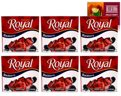 Blackberry Jello Bundle. Includes Six-1.4 Oz Boxes of Royal Blackberry Jello Mix Plus a BELLATAVO Recipe Card. Royal Blackberry Gelatin has onl 35 Calories per Serving!
