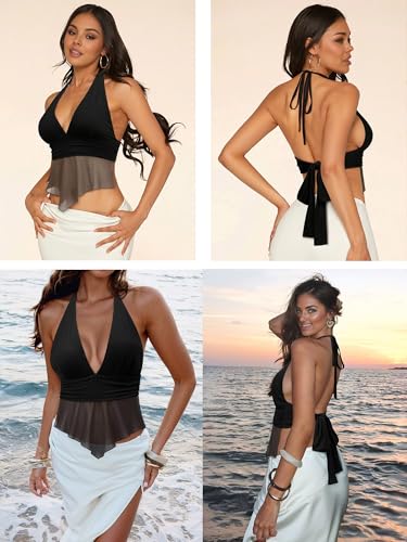Nlife Women Halter Going Out Top Sexy Tie Backless Deep V Multi-Way Sheer Mesh Asymmetrical Party Club Concert Outfit4