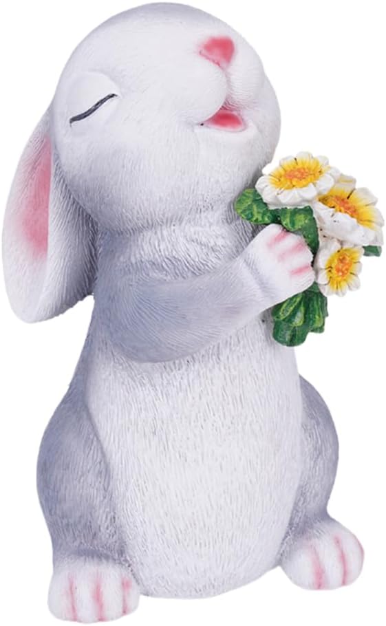 Solar Powered Rabbit Figurine Light Resin Cute Rabbit Night Light LED Mini Rabbit Sculpture Hold Mushroom/Flowers Outdoor Courtyard Decoration (Rabbit Holding Flowers)