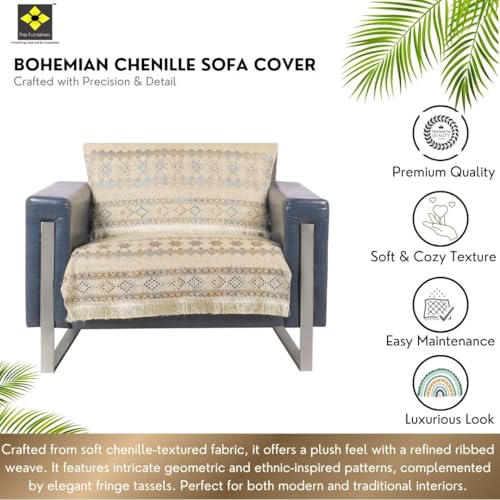 Image of Elegant Woven Beige Sofa Cover - Soft Chenille Traditional Pattern with Lace Style | L-Shape Sectional Seat Protector for Living Room | Durable & Stylish Slipcover 1 Seater Sofa Cover