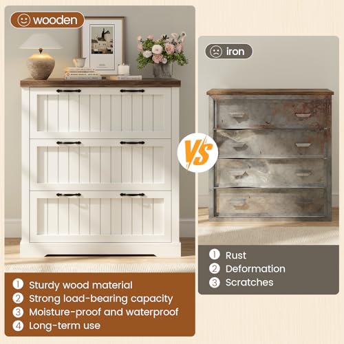 SEDETA 3 Drawer File Cabinet, Farmhouse Filing Cabinet for Home Office, Wood Office File Cabinets for Letter/Legal/A4 Size, Lateral File Cabinets with Printer Stand, White + Brown - Thumbnail 4