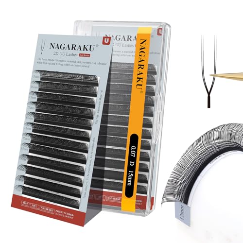 NAGARAKU U Eyelash Extensions Supplies 2D UU Lash Easy Fan Russian Volume Crisscross Eyelashes Handwoven U Shaped Mesh Wispy Clusters 12 Rows Eye Lashes Matte Black - 0.07D Curl 15mm
