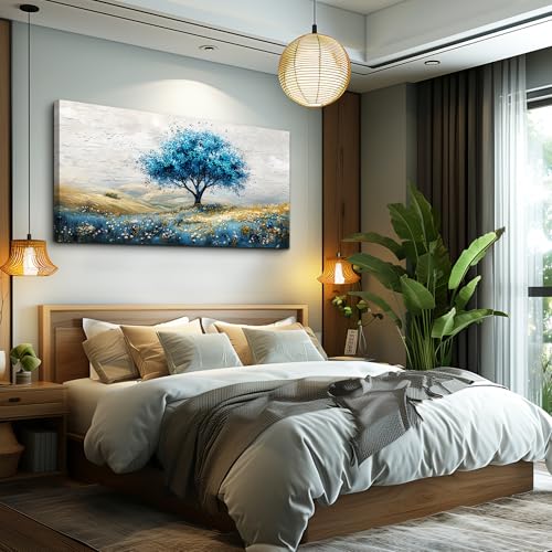 PHAOHUAXM Large Canvas Wall Decoration For Living Room Wall Art For Bedroom Blue Tree Landscape Wall Paintings Office Decoration Farmhouse Mural Artwork Room Home Decor Posters Aesthetics 30x60 In