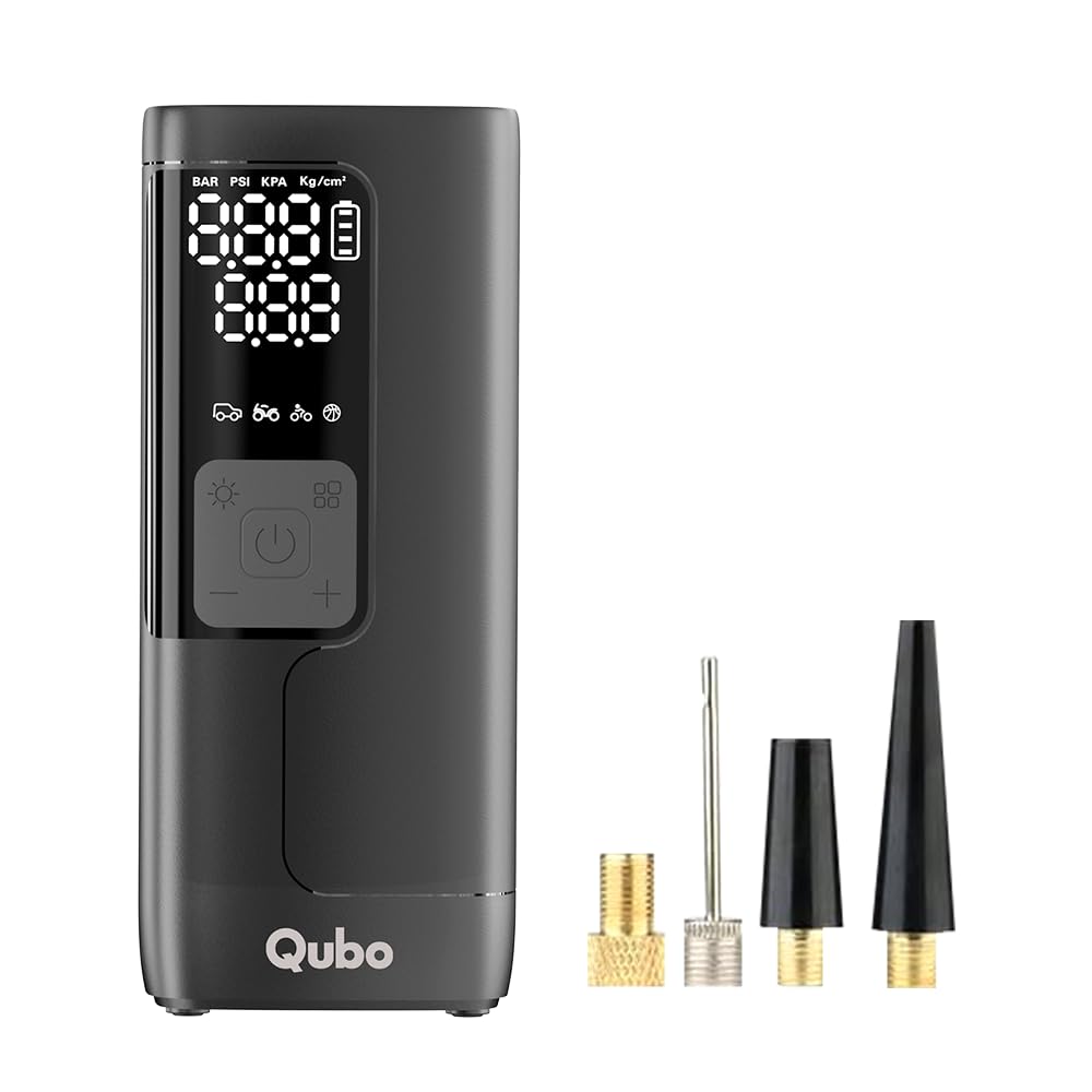 Qubo Digital Tyre Pressure Inflator Max by Hero Group | 5200 mAh Battery+12V Port | 150 PSI | Quick Inflation | Digital Display | 5 Air Fill Modes | Auto Cut-Off | Multiple Nozzles | Emergency Light