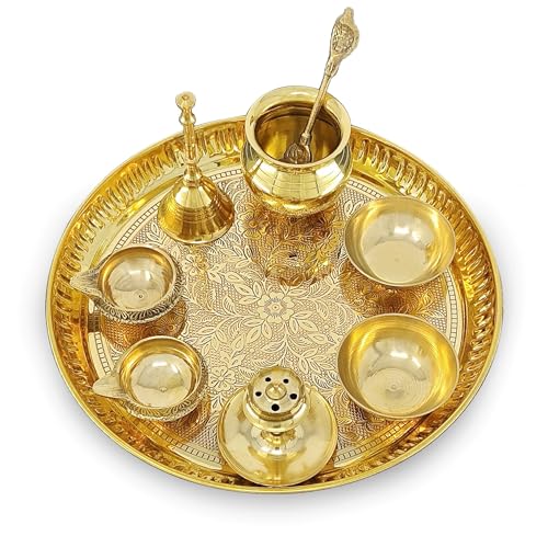 Image of BENGALEN Brass Pooja Thali Set 8 Inch Puja Thali with Pital Plate Kalash Palli Chandan Vati Kuber Deep Dhup Dan Ghanti Arti Thali for Diwali Home Office Mandir Wedding Return Gift Items
