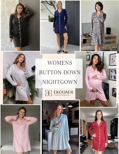 Image of Ekouaer Womens Nightgown Long Sleeve Nightshirt Soft Button Down Sleepshirt