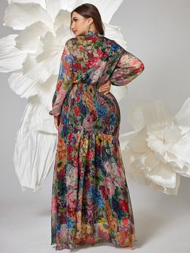 Image of Spring Summer 2024 Plus Size Womens Dresses V Neck Casual Elegant Long Sleeve Floral Print Maxi Dress