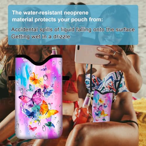 Image of Neoprene Cell Phone Sleeve Pouch Case Bag with Crossbody Strap Neck Lanyard for Women 7.1 X 3.9 in Tie Dye Butterfly