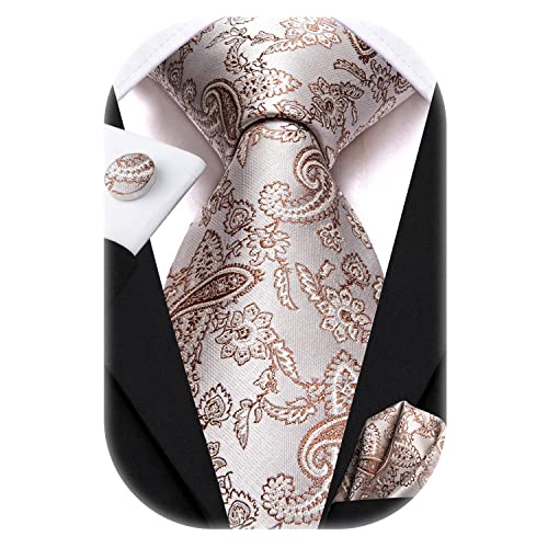 Hi-Tie Herren Krawatte Schwarz Paisley/Plaid/Streifen/Einfarbig Krawatten Set Einstecktuch Manschettenknöpfe Business Formal Hochzeit Meeting Geschenkbox,Beige