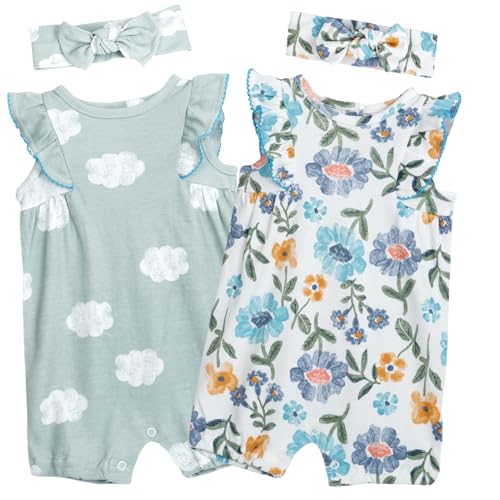 Baby Girls Ruffled Sleeve Rompers Toddler Girls Jumpsuits One-Piece Cotton Outfits