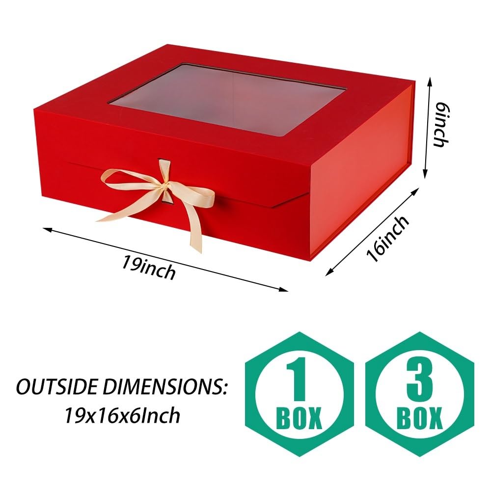 PLINJOY 3 scatole regalo extra large rosse per regali con nastro, 48 x 40 x 15 cm, scatola regalo trasparente con finestra e chiusura magnetica, scatole regalo con coperchio