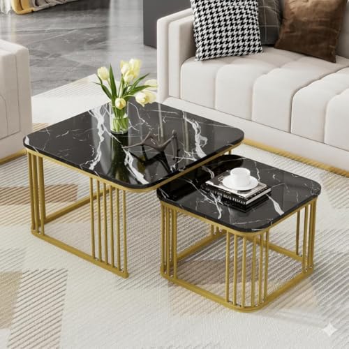 Image of Brown Art SHOPPEE Square Coffee Table Home Decor Furniture Coffee Table Sets,2 Piece MDF Top,Stacking Nesting Table with Iron Frame for Living Room Living Room or Lounge (Goldaen Black)