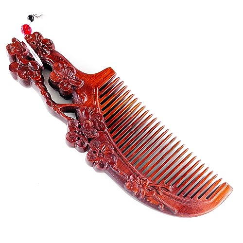 Sitronugras Hair Comb -Carved Wooden with Anti-Static & No Snag Fine Tooth Wood Comb with Design in gift box (blossom)