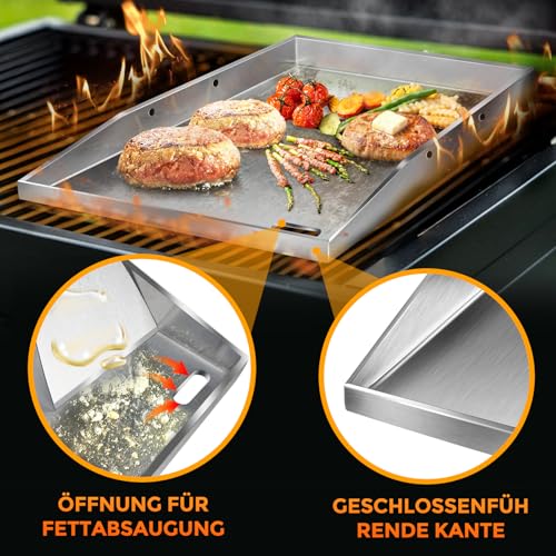 Grillplatte Plancha, 4 mm starker Edelstahlgrill für Gas- und Holzkohlegrills 40 x 30 x 4 cm, mit abnehmbarem Griff, mit 2 Grillspatel-Set,Grillgeschenke für Männer und Frauen 5