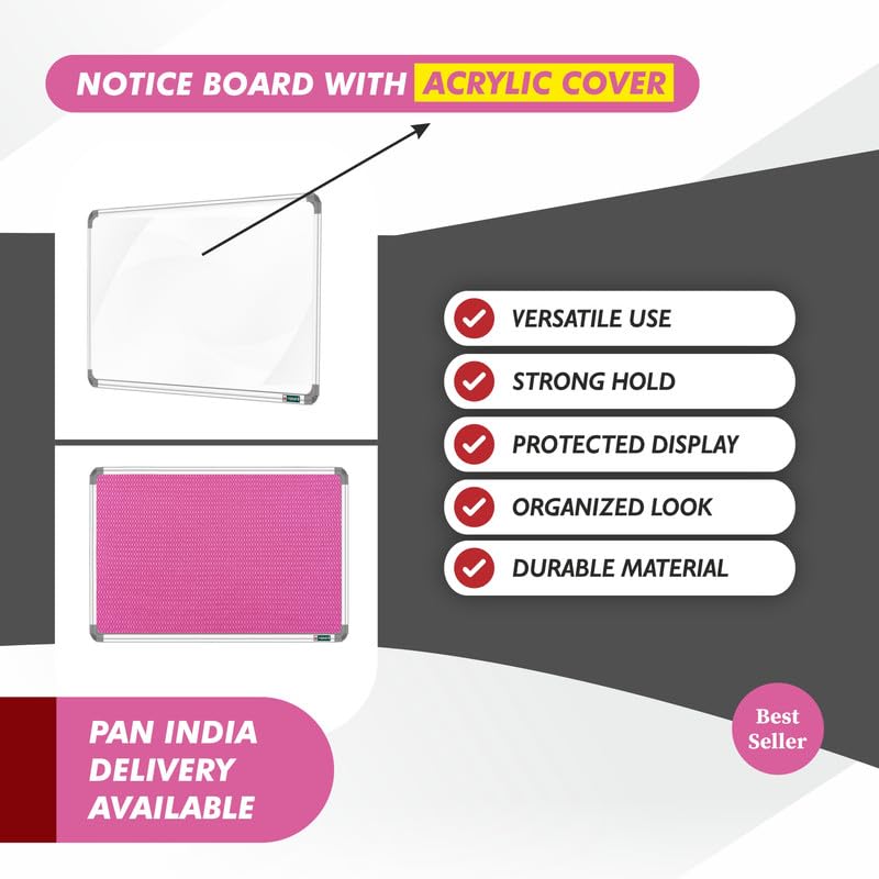 Image of YAJNAS Notice Board 2x3 Feet with Acrylic Door /Cover, Bulletin Board, Noticeboard for Study Room, Office, School & College - Lockable, Pin-up Display Board, Soft Board (Pink)