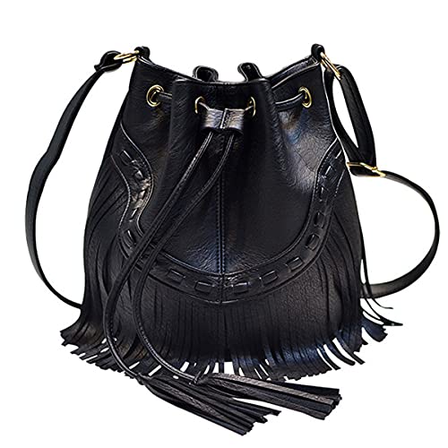 Women Small Fringed Faux Leather Crossbody Bag Drawstring Shoulder Bag Boho Bucket Bag