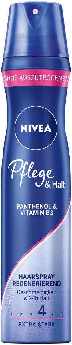NIVEA Care & Halt Hair Spray Extra Strong (250 ml), Nourishing Styling Spray with UV Protection, Panthenol & Vitamin B3, Hair Varnish for Flexible Styling with 24 Hours Hold (Holding Level 4)