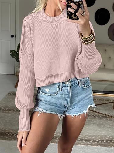 Image of ANRABESS Womens Cropped Sweaters Oversized Crewneck Long Batwing Sleeve Side Slit Ribbed Knit Pullover Tops 2025 Fall Clothes Small Pink