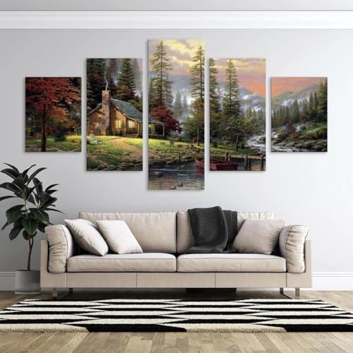 Décoration murale pour salon affiche paysage forêt lac et cabane 200x100