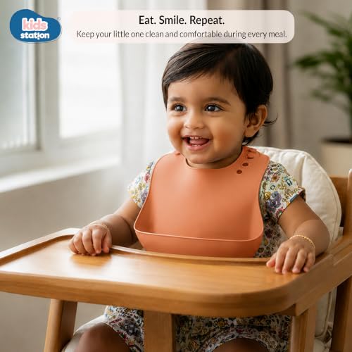 Image of Kids Station Silicone Baby Bib for Feeding & Weaning BPA Free, Soft Adjustable Neckline with Buttons, Washable & Reusable, Ideal for Babies & Toddlers 6 to 36 Months - Orange