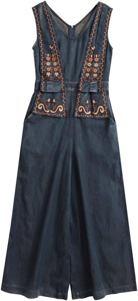 JSEIAJB Leisure Retro Embroidered Denim Jumpsuit Autumn Slim Fit Wide Leg Jumpsuit Set