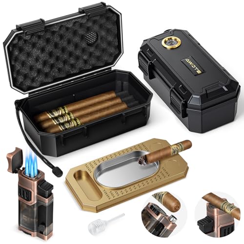 AWOTE Travel Cigar Humidor Set with Torch Lighter Ashtray Holder Humidifier & Hygrometer Portable Travel Cigar Case with Cigar Accessories for Men Gift Butane not included