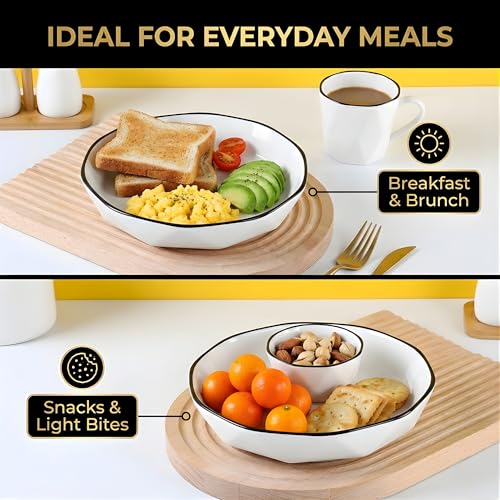 Image of Premium White Ceramic Pasta Dishes Set of 2, 8-Inch Large Shallow Salad Plates with Elegant Black Rim, Modern Geometric Faceted Design, Stackable, Microwave & Dishwasher Safe Dinnerware