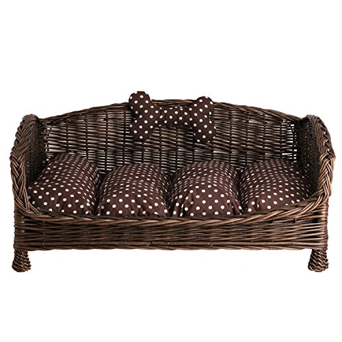 e-wicker24 Naturale Cesta per Cani in Vimini Lettino Cane con Cuscino Morbido Rialzato Divanetto per Cani Cuccia Cani Letto per Cani Taglia Piccola Lettini per Cane (64 x 42 H32, Marrone Scuro)