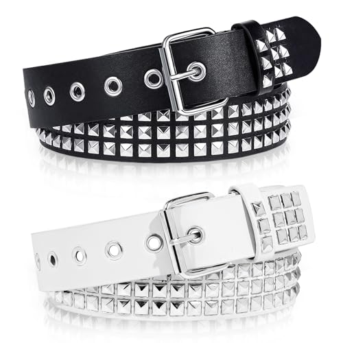 2 Pcs Black Studded Belt, Y2K Belt Goth EMO Punk Rock with Bright Pyramid Studded Rivet for Women Men (White Black)