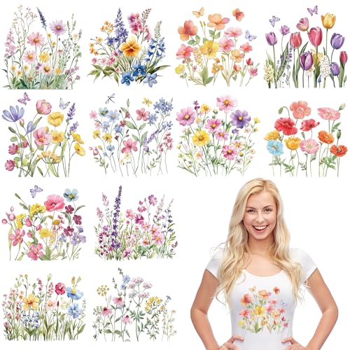 EoBeCy 12 Sheets Watercolor Flower Iron on Transfers for T-Shirts Spring DTF Transfers Ready to Press Heat Transfers Vinyl Iron on Decals for Women Girls Clothes Bag Pillow Cover DIY Crafts
