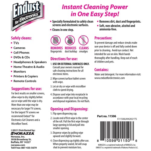 Endust For Electronics Screen Cleaner Wipes, Electronics Surface Cleaning Wipes, For Tv, Phone, Computer Monitor, Laptop, Tablet, Pre-Moistened, Alcohol & Ammonia Free, 70 Count, 12 Pack (259000P12) #TOP3